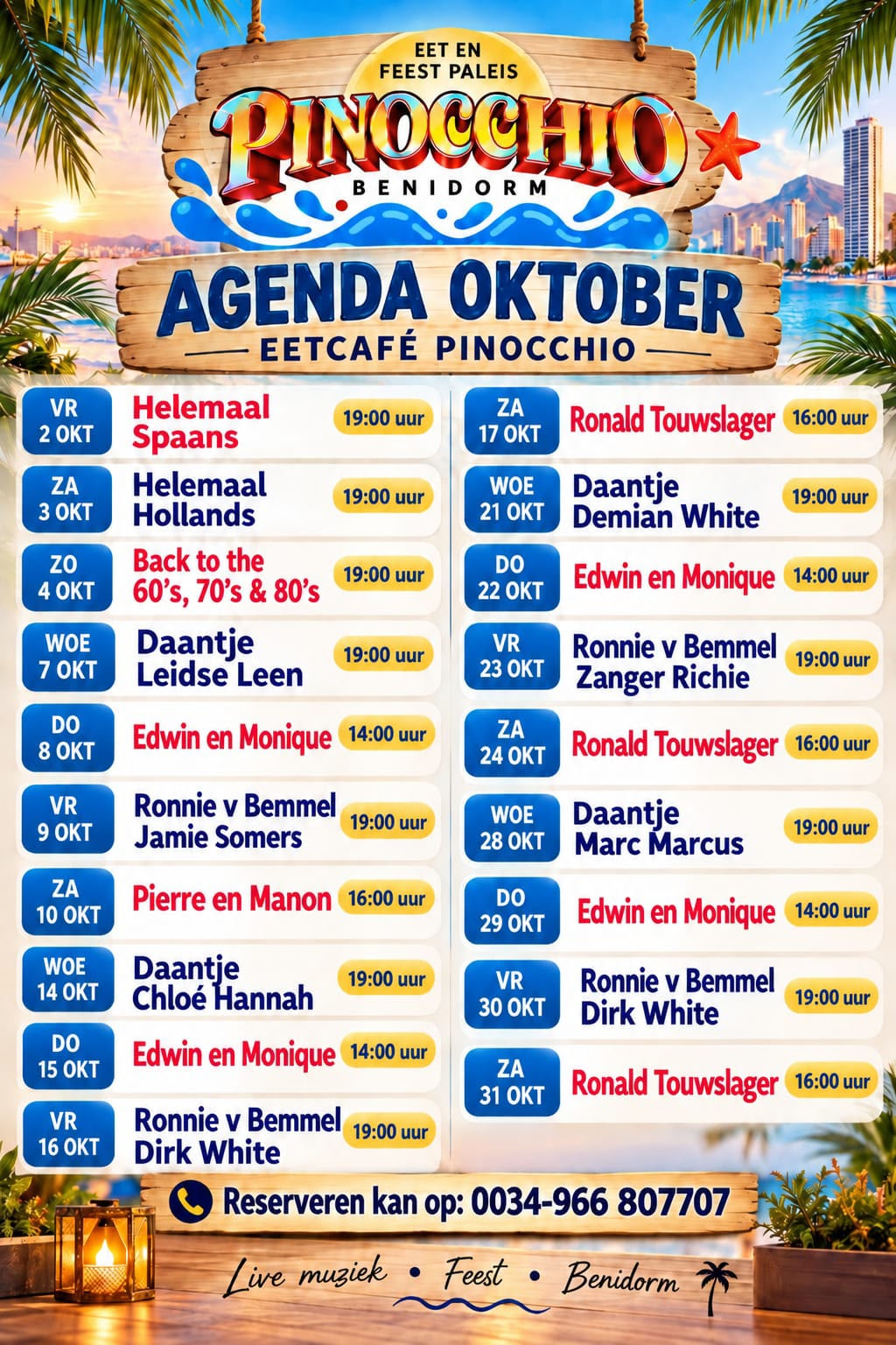 Agenda oktober van Eetcafé Pinocchio met alle artiesten, data en aanvangstijden